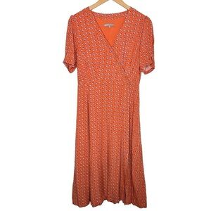 Oliver Bonas Women Floral Asymmetrical Button Up Dress Sz 12 Orange Short Sleeve